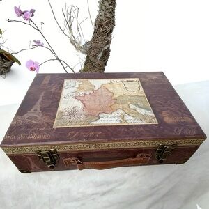 Vintage European Map Decorative Suitcase Travel-Themed Storage Trunk